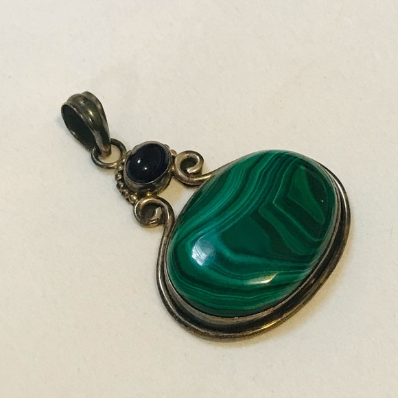 Jewelry - Antique Pendant - Malachite and Sterling Silver